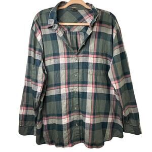 Tall 2XL Eddie Bauer Plaid Flannel Button Up Shirt Green Pink Cotton Boyfriend